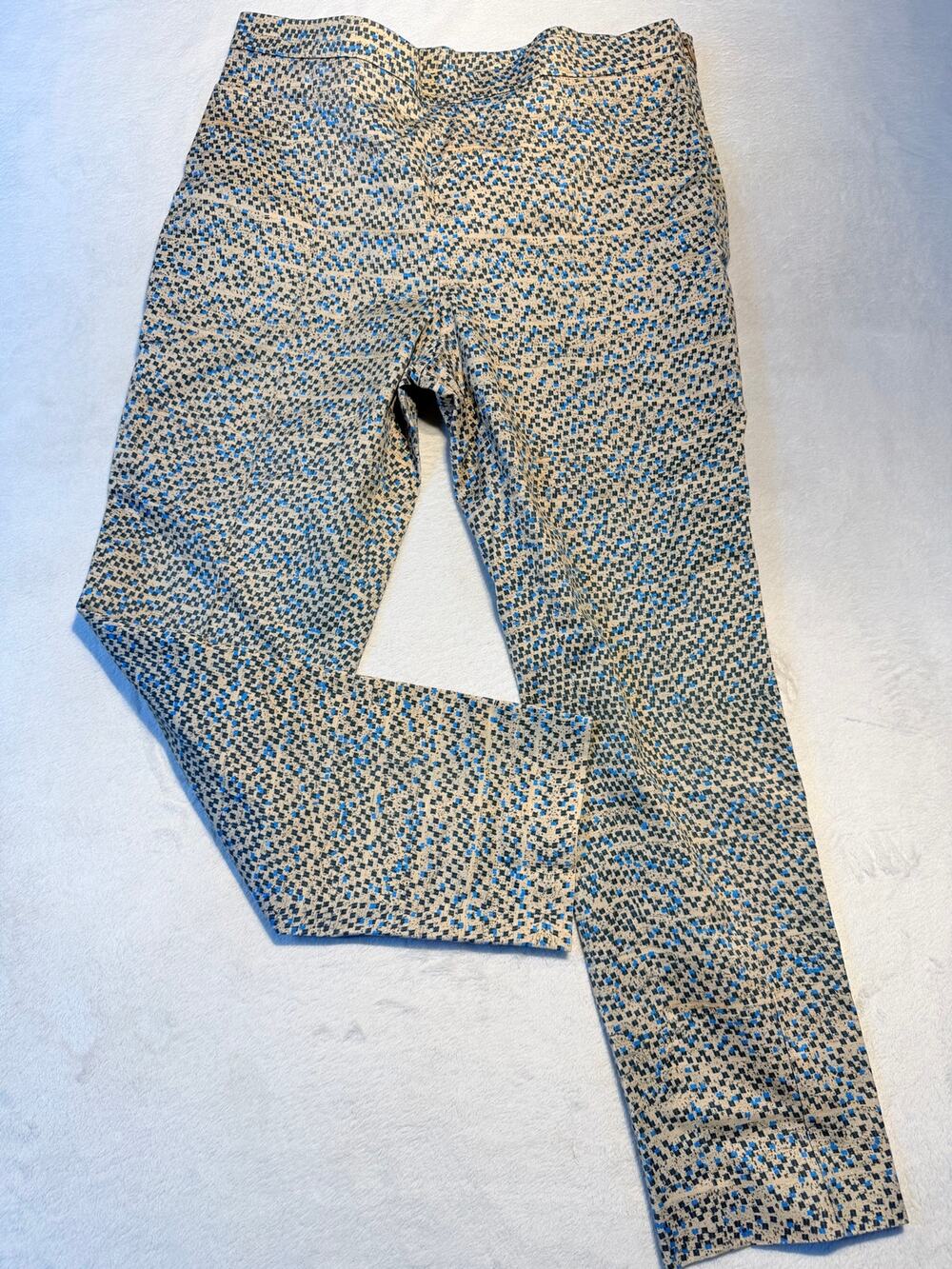 Akris Punto Italian Cotton Stretch Pixel Print Ankle Pants Blue Tan Sz 8-10 Med